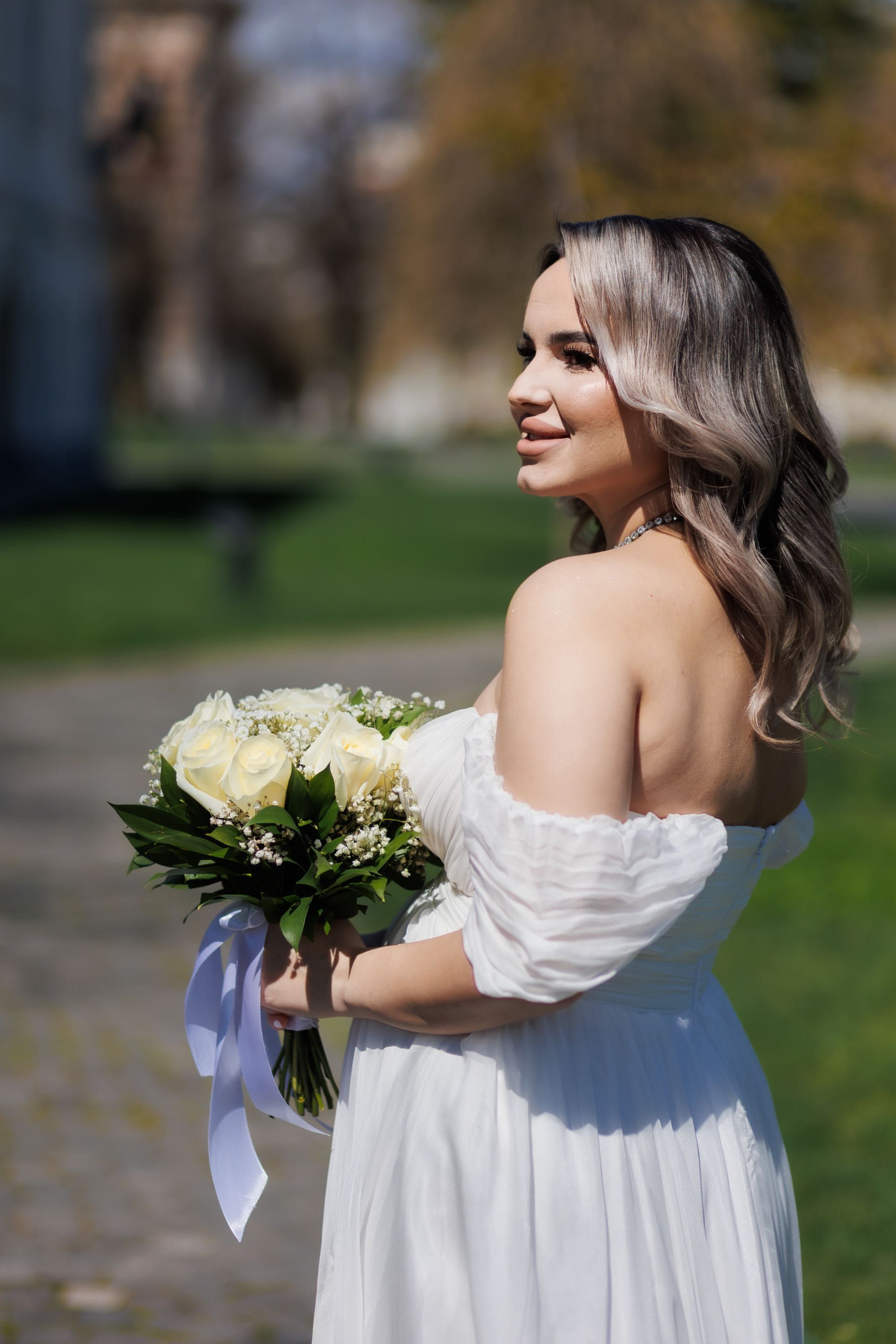 Rochie midi alba din matase naturala
