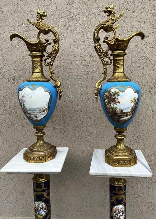 Impozant set-carafe bronz-portelan pictat-maner forma dragon-Franta