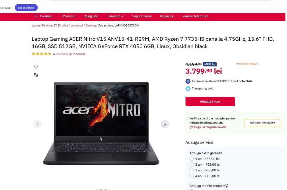Laptop Gaming Acer Nitro V15 ,video  rtx 4050 de 6gb , nou , garantie