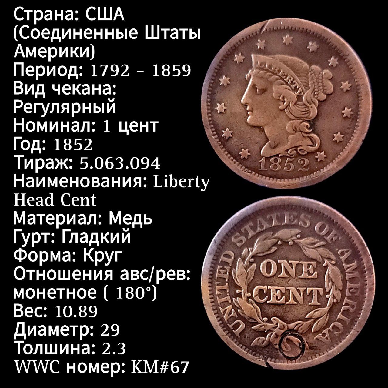 Монета 1 Цент 1852 США