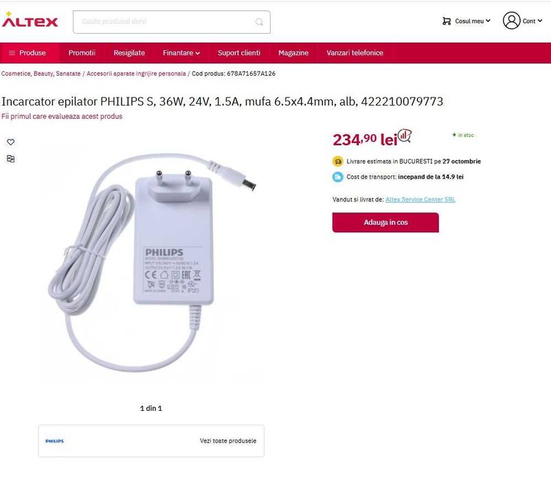 Incarcator original epilator laser IPL Philips Lumea 24V 1500mAh 1,5Ah