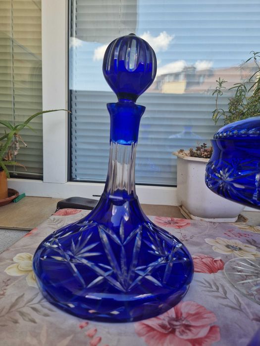 Комплект син рязан кристал – 2 гарафа, фруктиера с капак и купа.