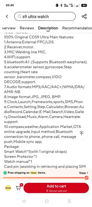 Ceas S9 Smart Cellular , Android, ecran Amoled, 8GB RAM , 128GB hard