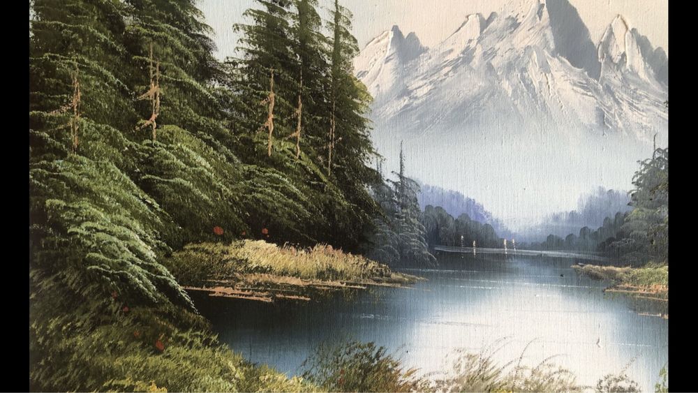 Tablou,pictura germana in ulei pe panza,lac de munte,semnata