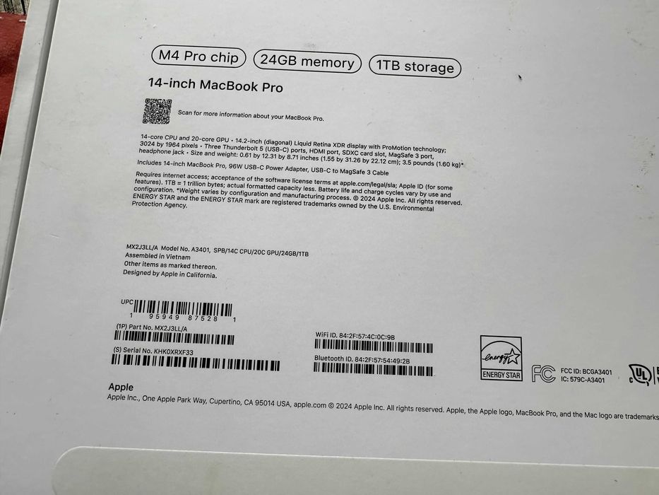 Нов MacBook Pro M4 Pro 24GB 1TB model A3401 Space Black 14 CPU 20 GPU