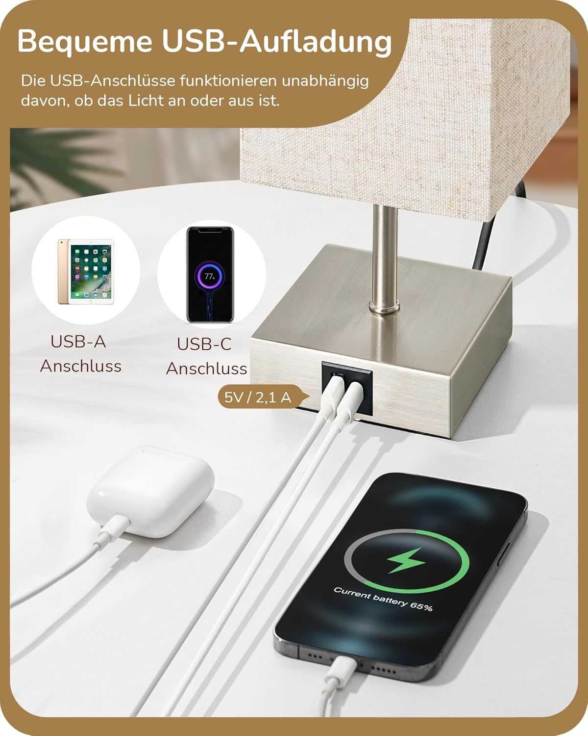 НОВИ! LED нощни лампи с USB зареждане, димируеми с докосване, 2бр/к-кт