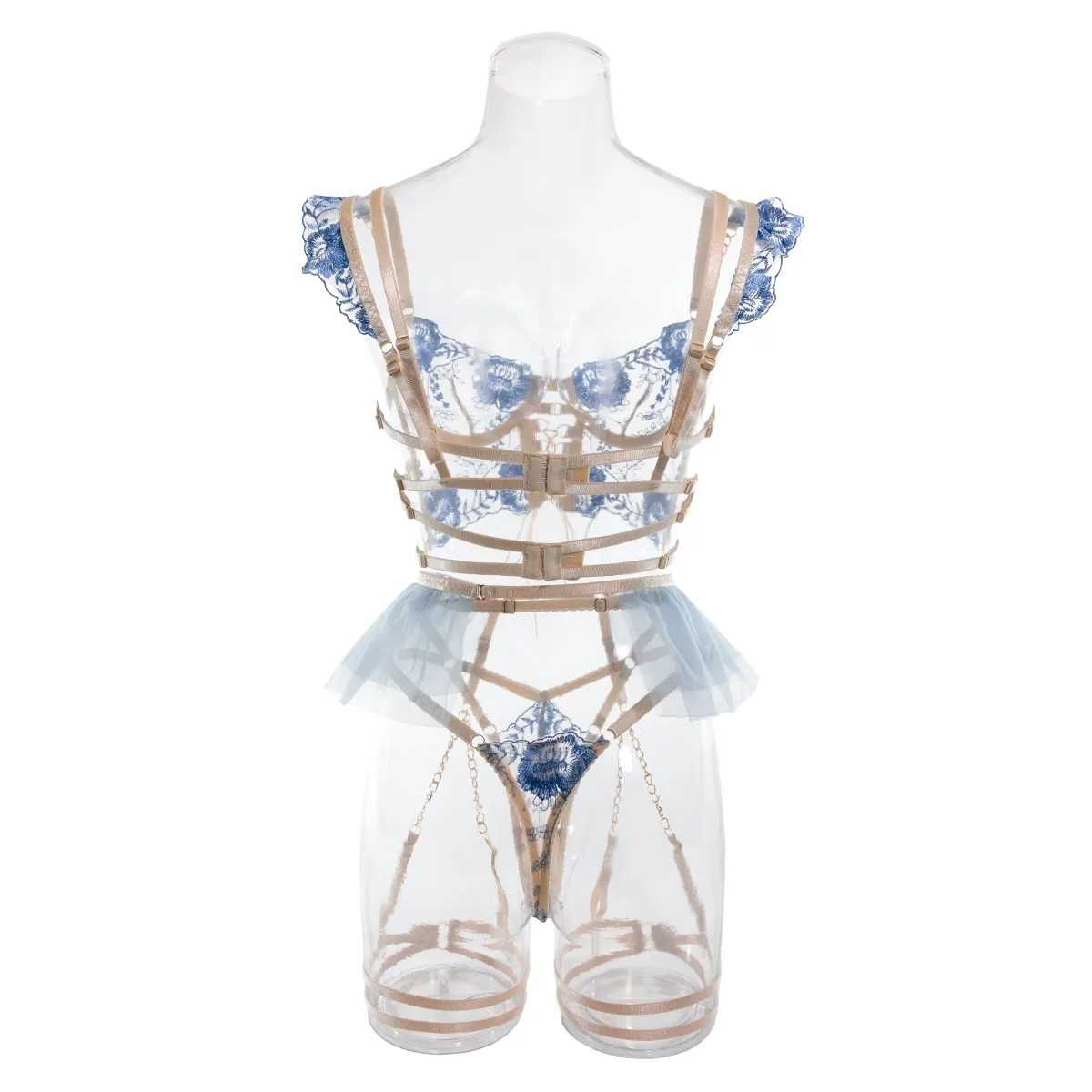 Lenjerie sexy corset bleu 4 piese noua marimea M cupa B