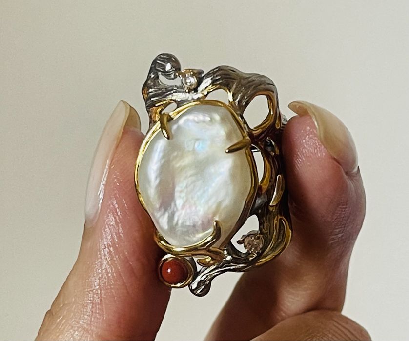 Inel superb pe comanda, 100% argint placat cu aur, perla naturala agat