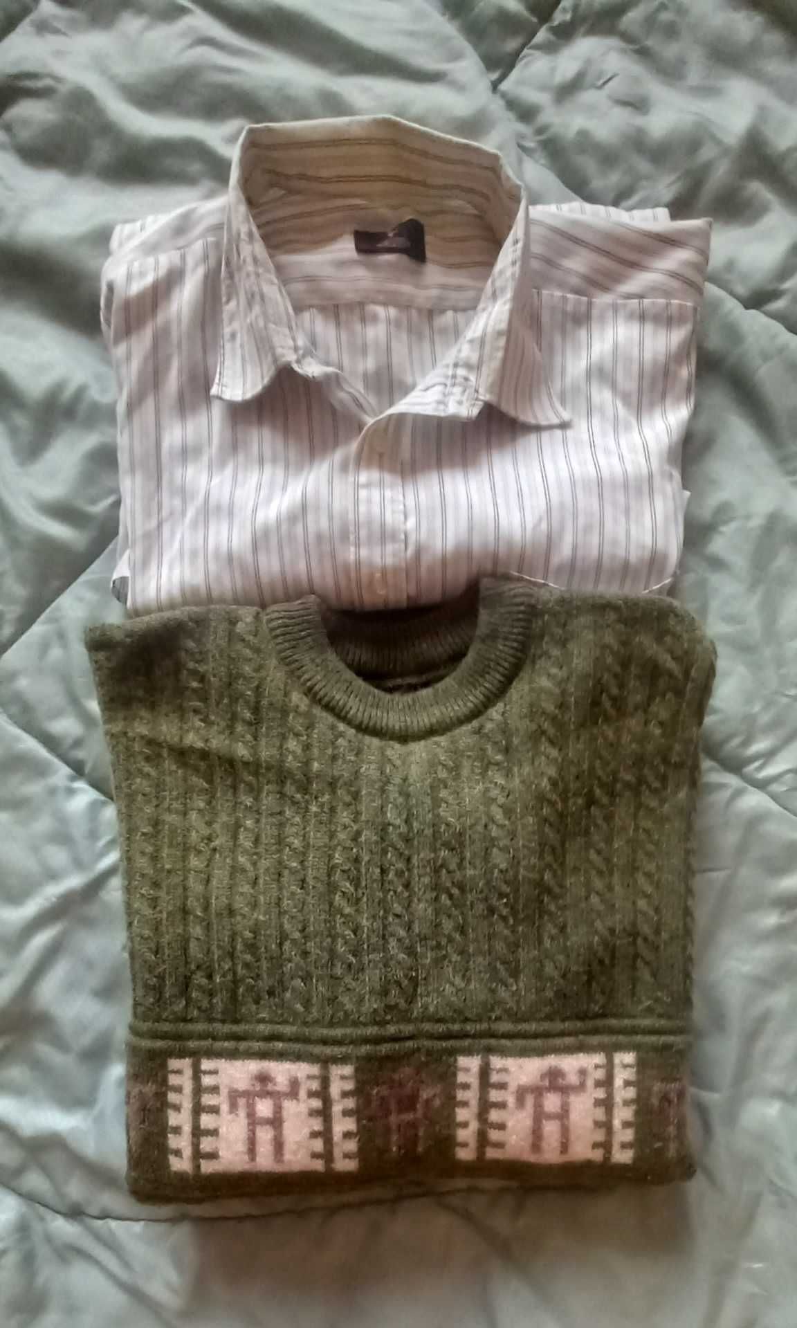 Вълнен мъжки пуловер с подарък мамучна риза с дълъг ръкав, размер XXL