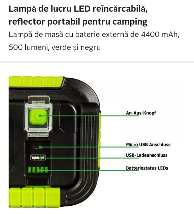 Lampă de lucru LED reîncărcabilă, reflector portabil pentru camping
La