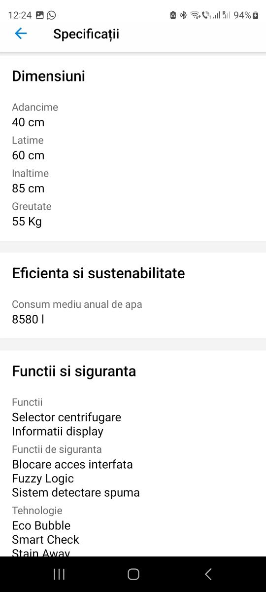 Masina de spalat rufe SLIM Samsung WF60F4E5W2X, 1200 RPM, 6 kg, Clasa