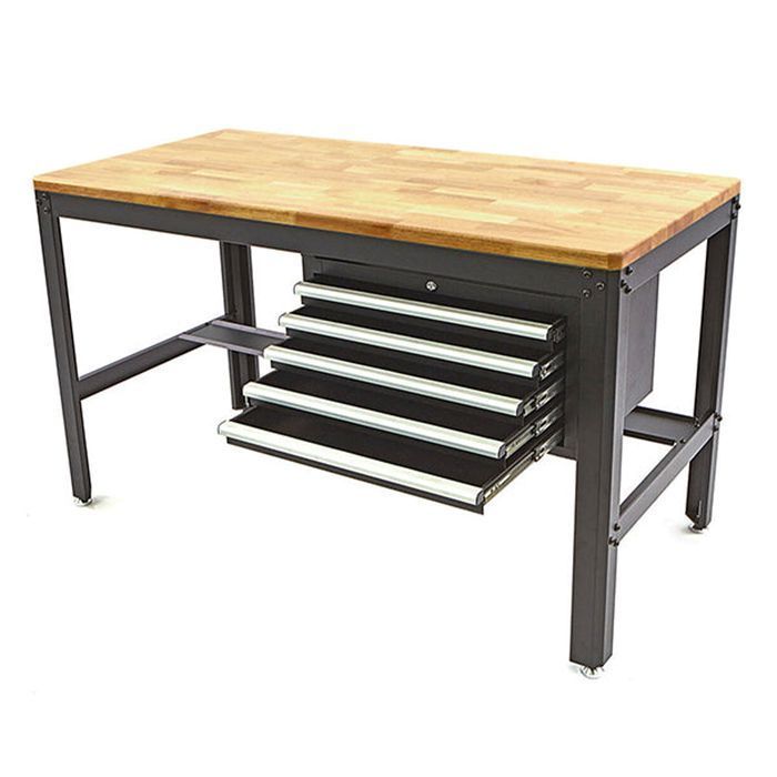 Banc de lucru metalic profesional cu 5 sertare si blat de lemn 155 cm