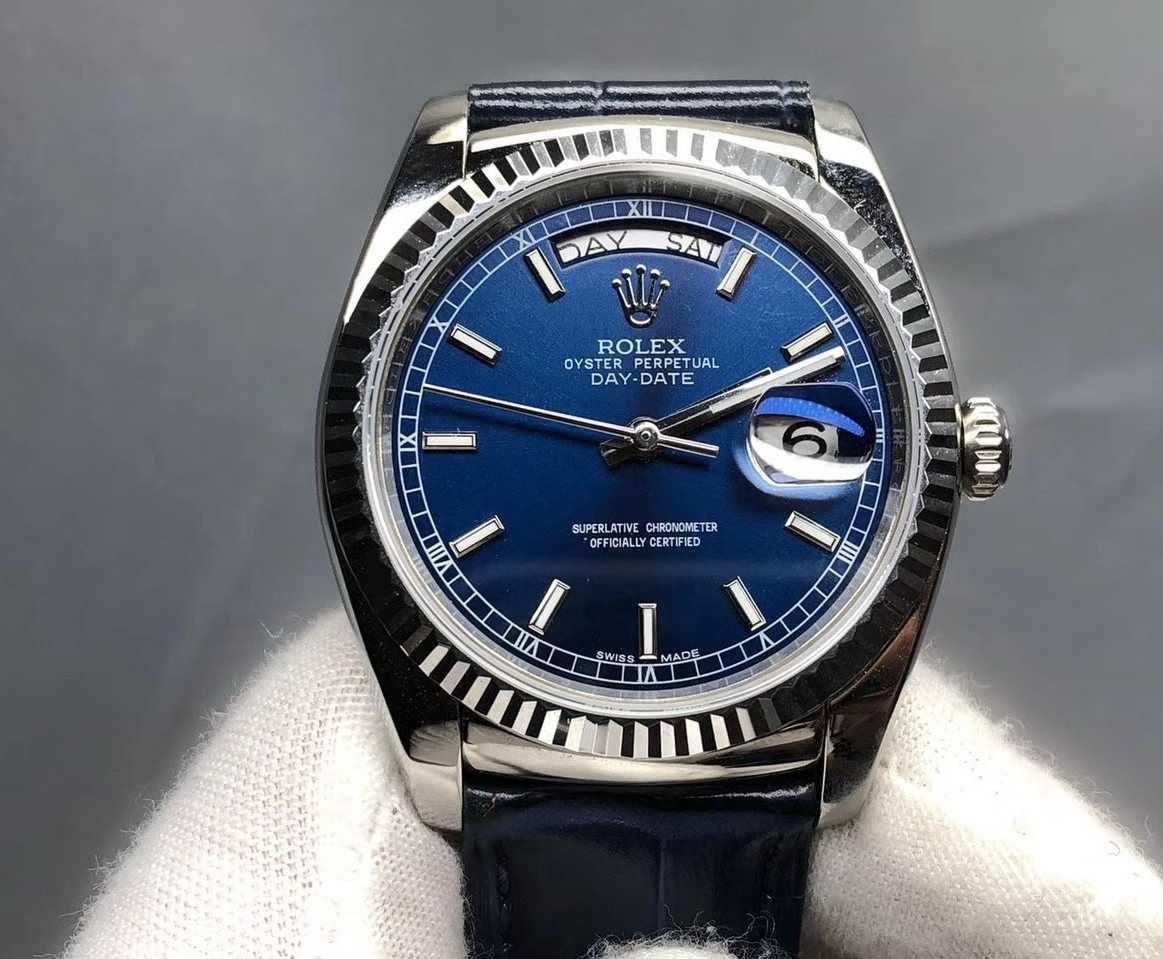 Rolex Day-Date 36 White Gold Fluted Bezel Blue Dial