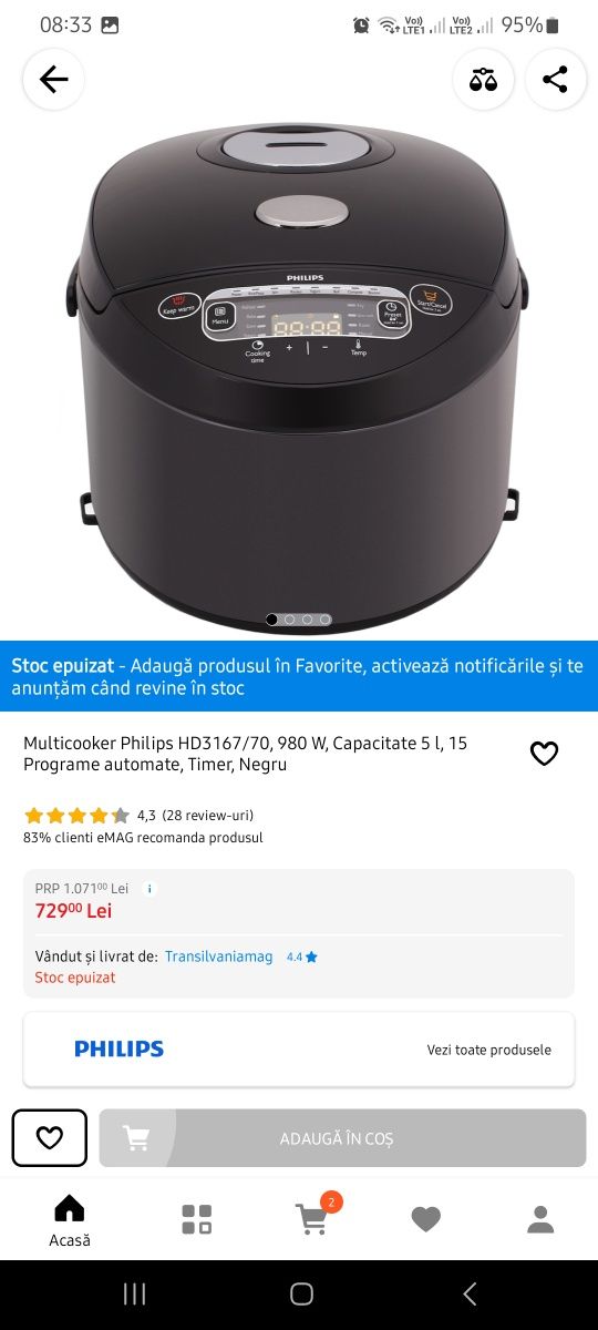 Vând Multicooker Philips HD3167/70, 980 W, Capacitate 5 l, 15 Programe