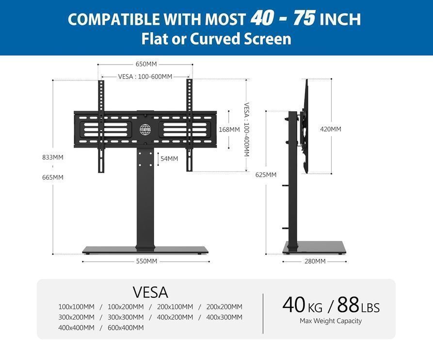Suport TV FITUEYES 40–75", Reglabil, Sticlă Temperată, VESA 600x400mm