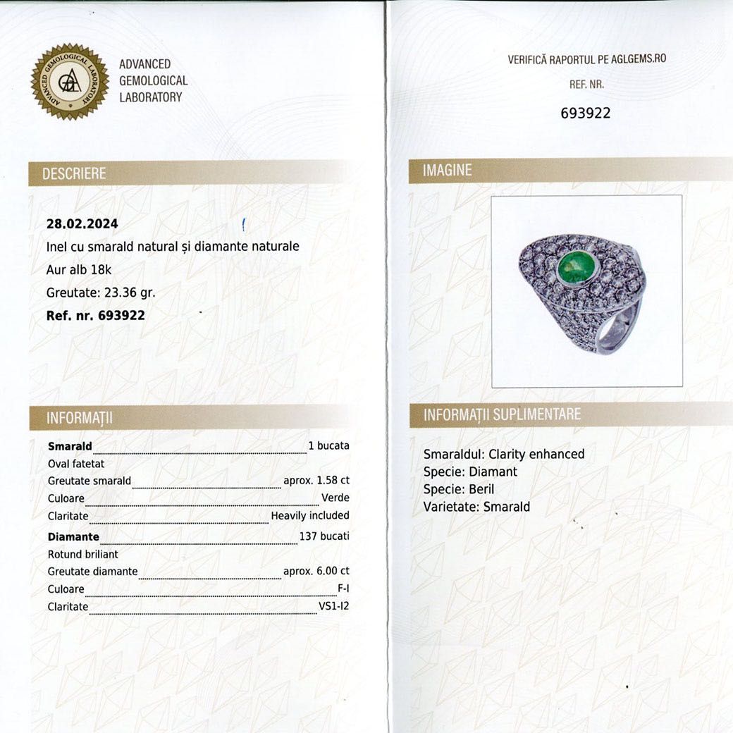 inel Marquise, smarald, diamante 6 ct, aur 18k, certif.