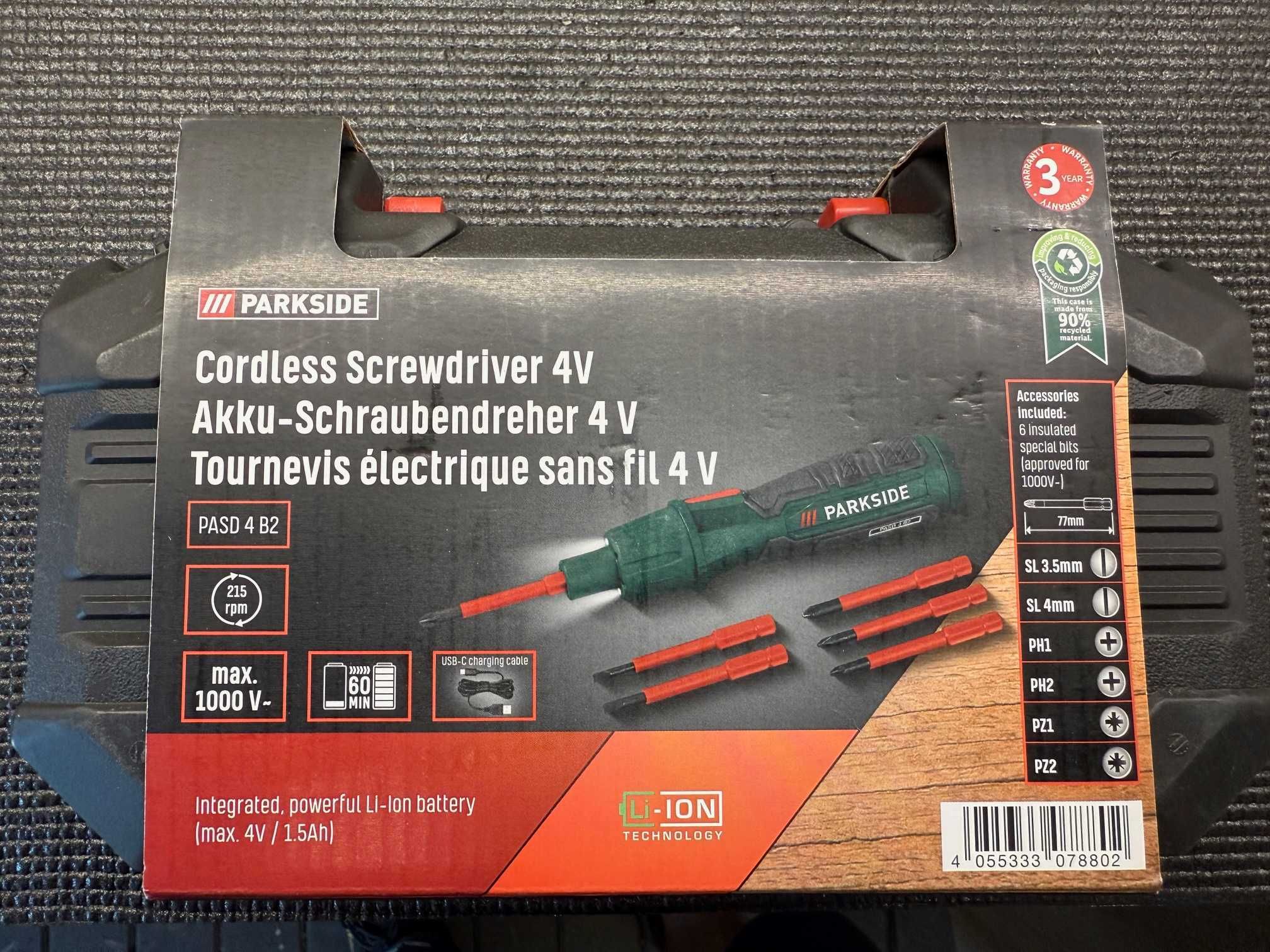 Нова акумулаторна отвертка Parkside PASD 4 B2, 4V, USB-C, с битове