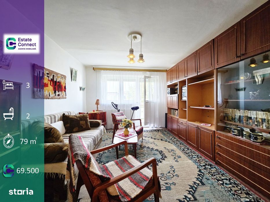 Apartament 3 camere decomandat, doua bai, centrala - Poetului