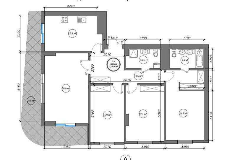 Новостройка 4-х комнатная  в ЖК «Infinity» коробка черновая  ID: 4018