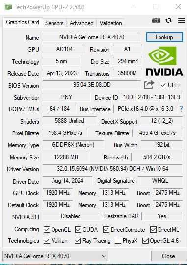 Placa video PNY RTX 4070 Verto Blower 12GB GDDR6X 192-bit.