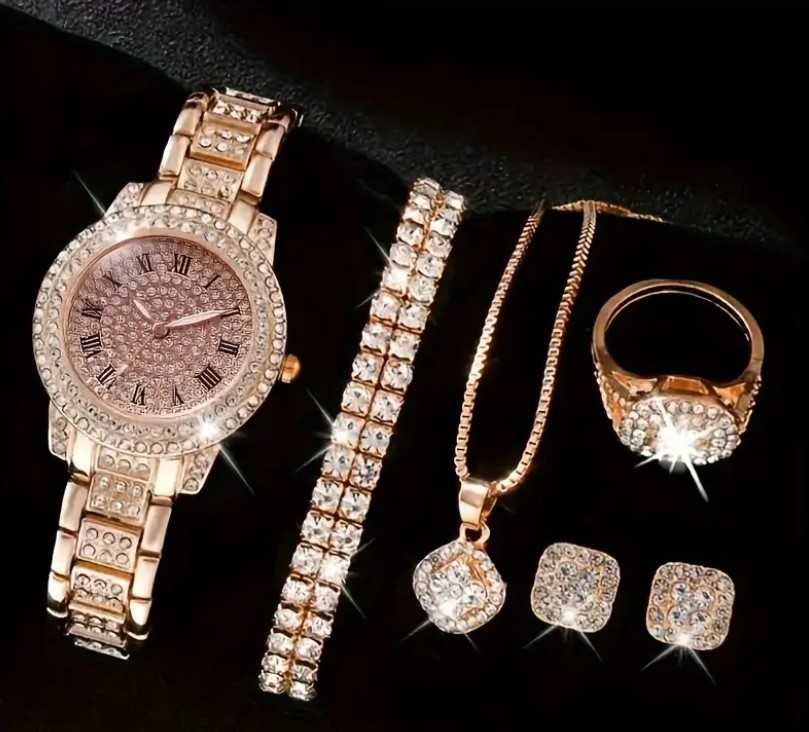 Дамски Луксозен кварцов часовник с кристали и комплект бижута.