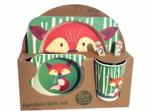Детски бамбуков комплект за хранене - 5 части / различни животни