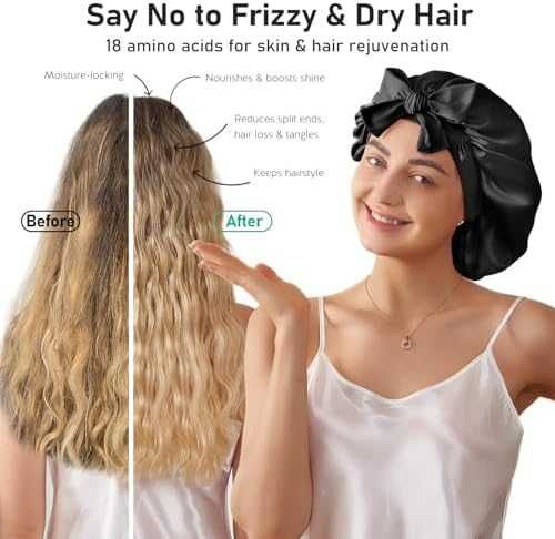 Нова Шапка за къдрава и дълга коса 100% коприна с ластик черна за жени