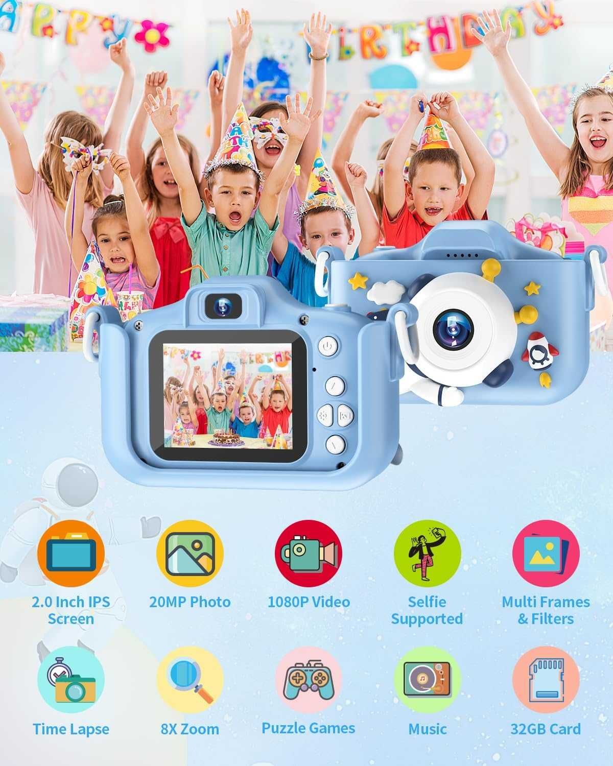 Детска цифрова камера, 1080P HD, 2,0-инчов IPS екран, с 32GB карта