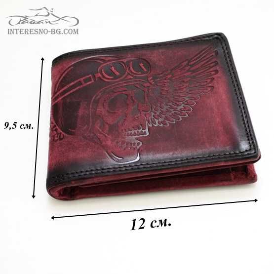 Рокерски портфейл от естествена кожа SKULL (red)