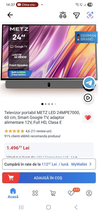 Televizor portabil METZ LED, 60 cm, Smart Google TV, Full HD, nou.