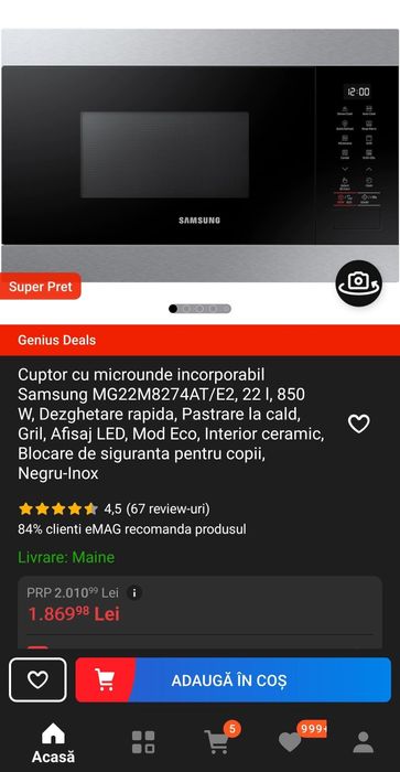 Cuptor cu microunde ca nou Samsung MG22M8274AT incorporabil, 850W, Gri