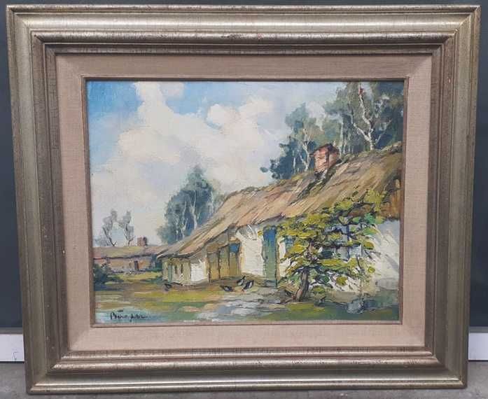 Tablou vechi - curte cu pasari domestice - semnat Baesu