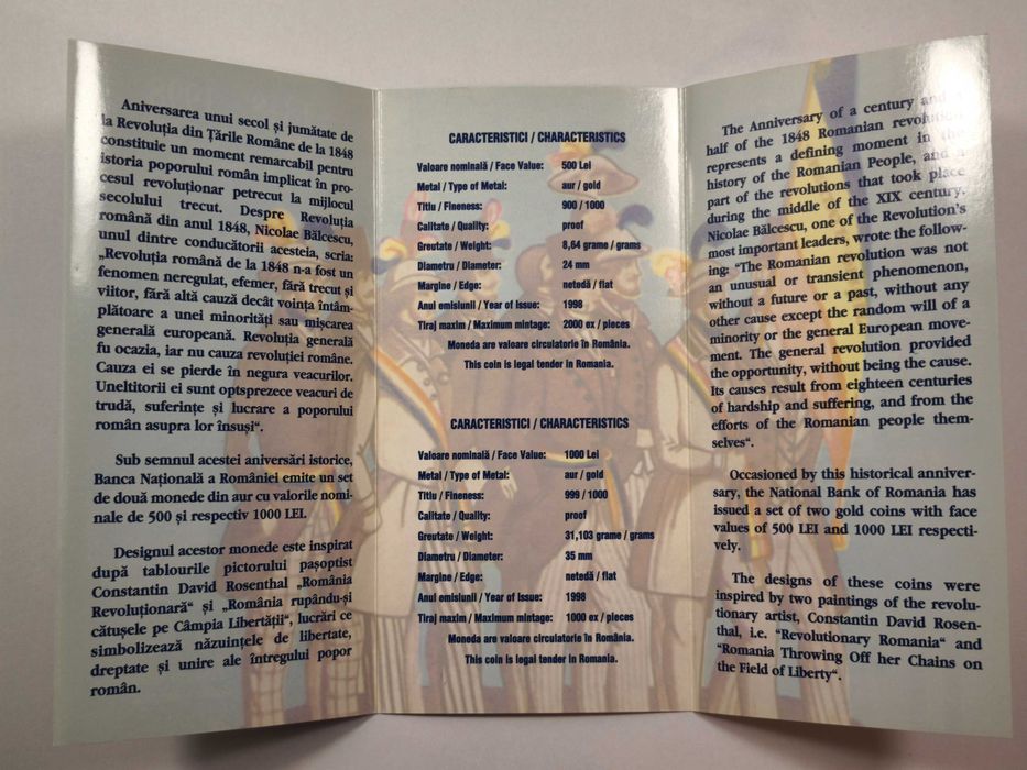 Set monede aur BNR - 150 de ani de la Revoluţia Română de la 1848