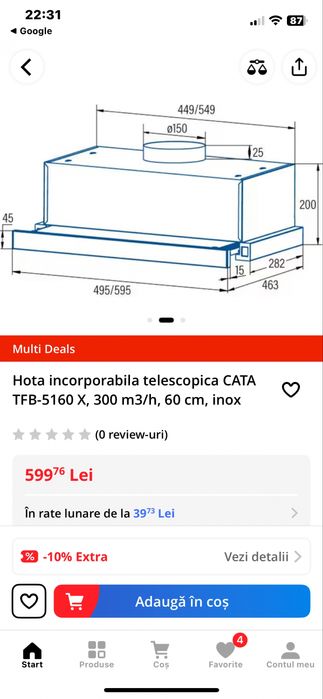 Hota incorporabila telescopica CATA TFB-5160 X, 300 m3/h, 60 cm, inox