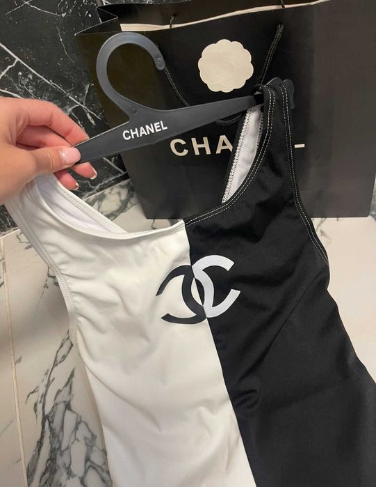 цял бански шанел черен бял боди лукс топ chanel