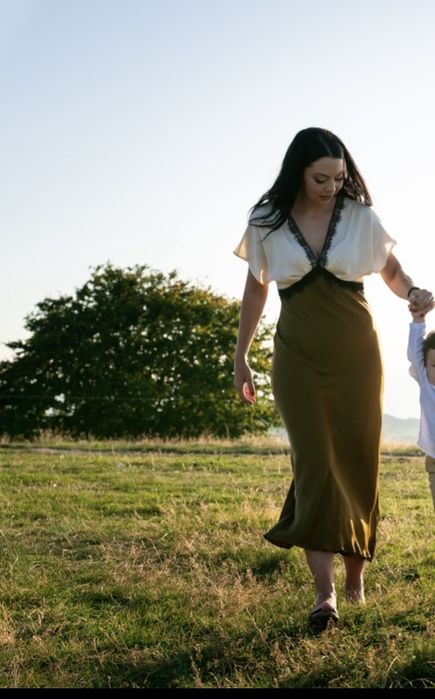 Rochie lunga, Zara, verde cu alb, din satin si dantela, marimea m