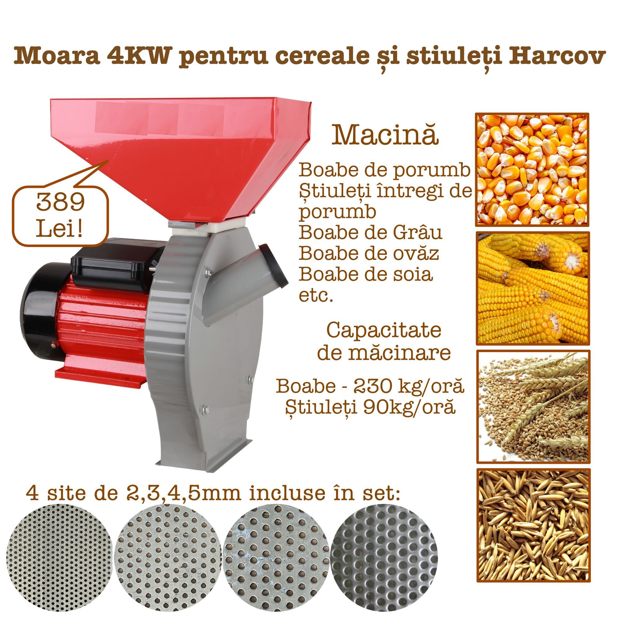 Moară cereale, știuleți, lucernă și tulpinoase, Motor 3,9KW, 230kg/ora