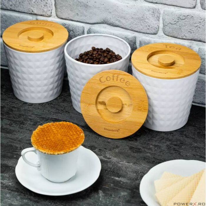 Recipiente pentru cafea, ceai, zahar, din inox-bambus, albe reliefate,