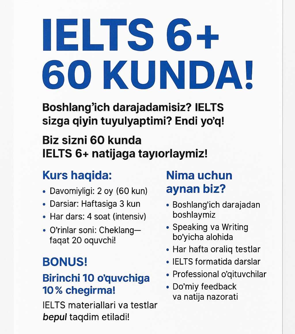 60 KUNDA IELTS 6+ 100%kafolat