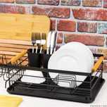Suport pentru vase, metalic, manere lemn, 42,5x32x15,5cm, negru,