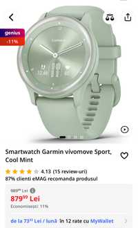 Vand Smartwatch Garmin vívomove Sport, Cool Mint