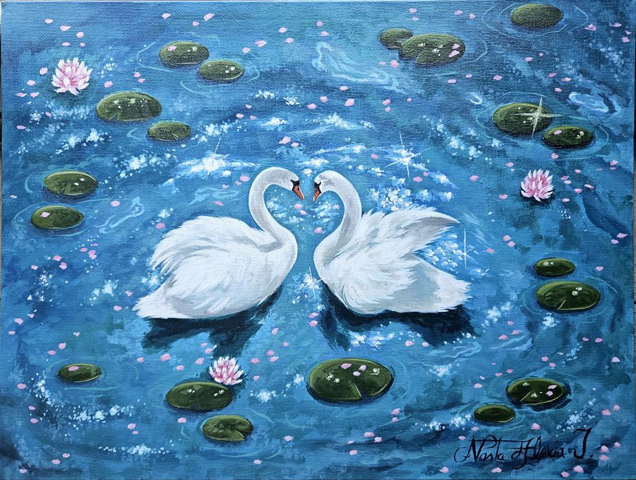 Pictură acrilic pe carton pânzat lebede nuferi