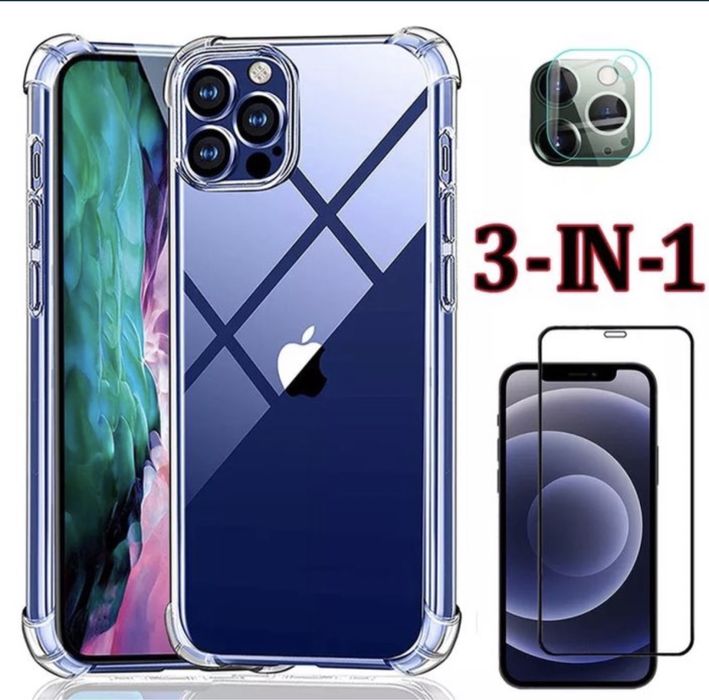 Iphone 12/13/14/15/16 PRO MAX 3 in 1 Husa Silicon +Folie Sticla+Camera