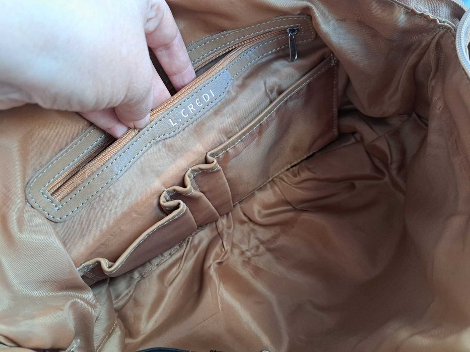 дамска чанта,L.CREDI,бежова кожена торба-естествена кожа