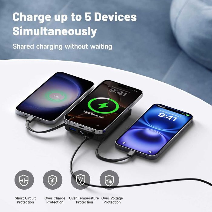 Външна магнитна батерия Magsafe Power Bank с вградени кабели,10000 mAh