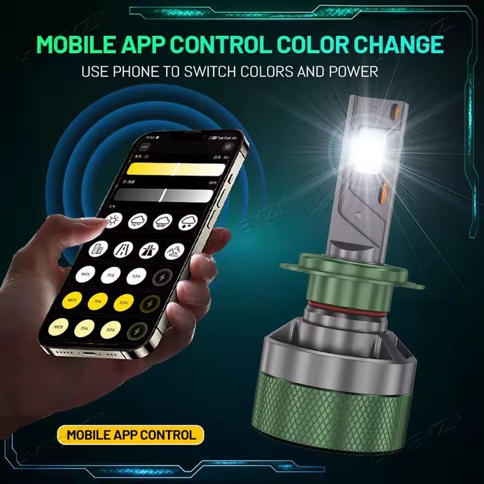 Set Doua Becuri Led H7 Cu Aplicatie Bluetooth Si 3 Nuante De Culori