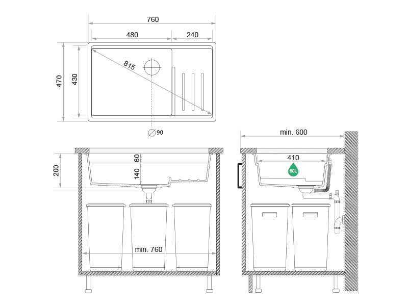 Сива гранитна мивка за монтаж под плот Прага 80 Step Level 560 x 470