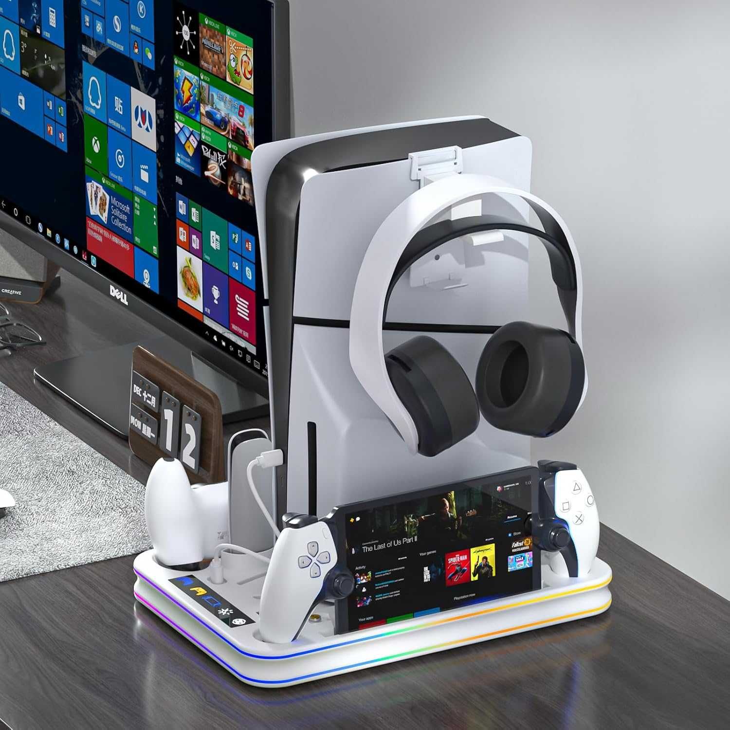 Стойка и охладителна станция RGB LED за зареждане, PS5/PS5 Slim, бяла