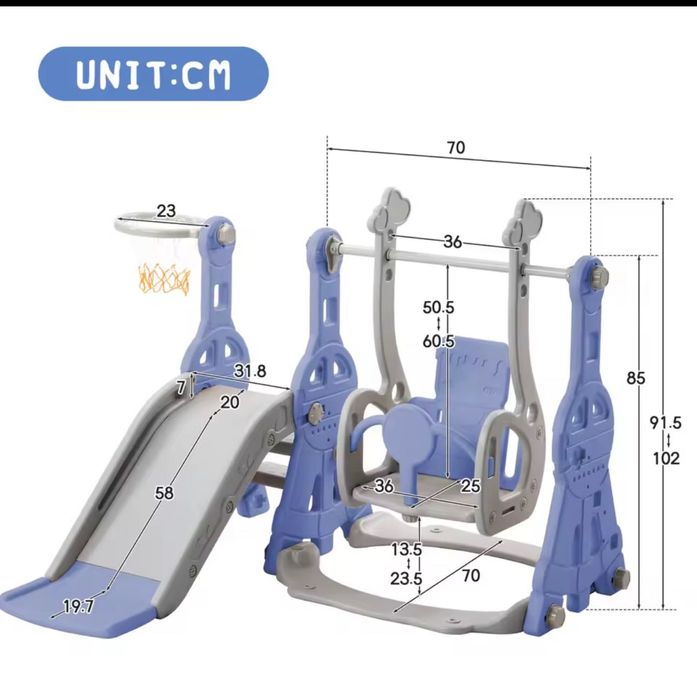 Детска Пързалка 4 в 1 Люлка стълба Баскетболен кош Чисто нова