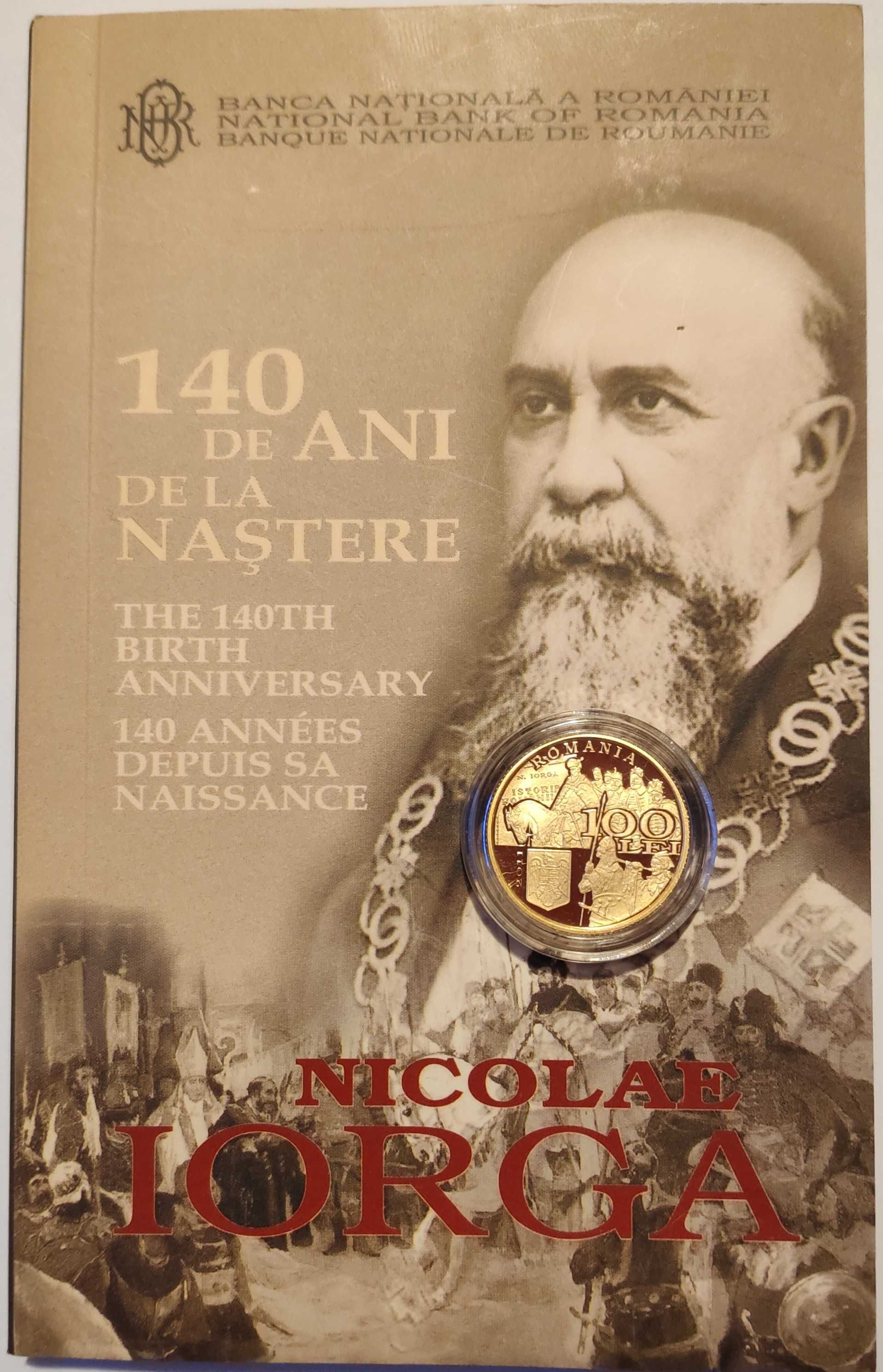 Moneda aur 100 lei 2011 proof BNR Nicolae Iorga 6,45 g tiraj 500